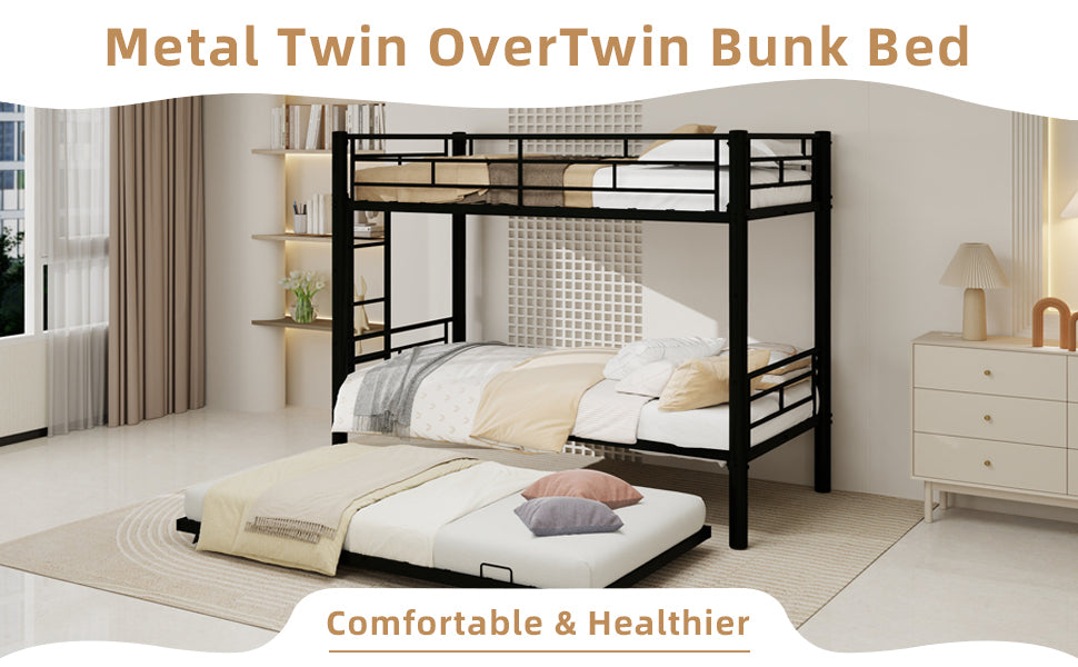 Heavy-duty Sturdy Metal Twin over Twin Bunk Bed with Noise Reduction, Safety Guardrail, No Box Spring Needed, Black - Grand Goldman Shop