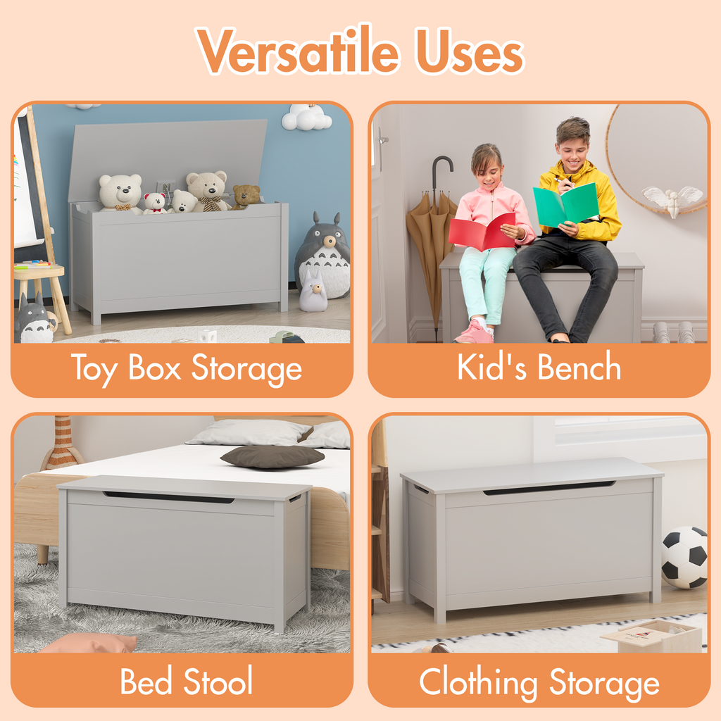 Kids Wooden Toy Box Storage with Safety Hinged Lid for Ages 2+ (Gray) - Grand Goldman