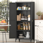 Black Metal Adjustable 2-Door Kitchen Pantry Cabinet with Striped Design and Gold Handles, Tall Steel Storage Locker for Kitc