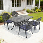 5-Piece Set Of Cast Aluminum Patio Furniture With Black Frame and Blue Seat Cushions