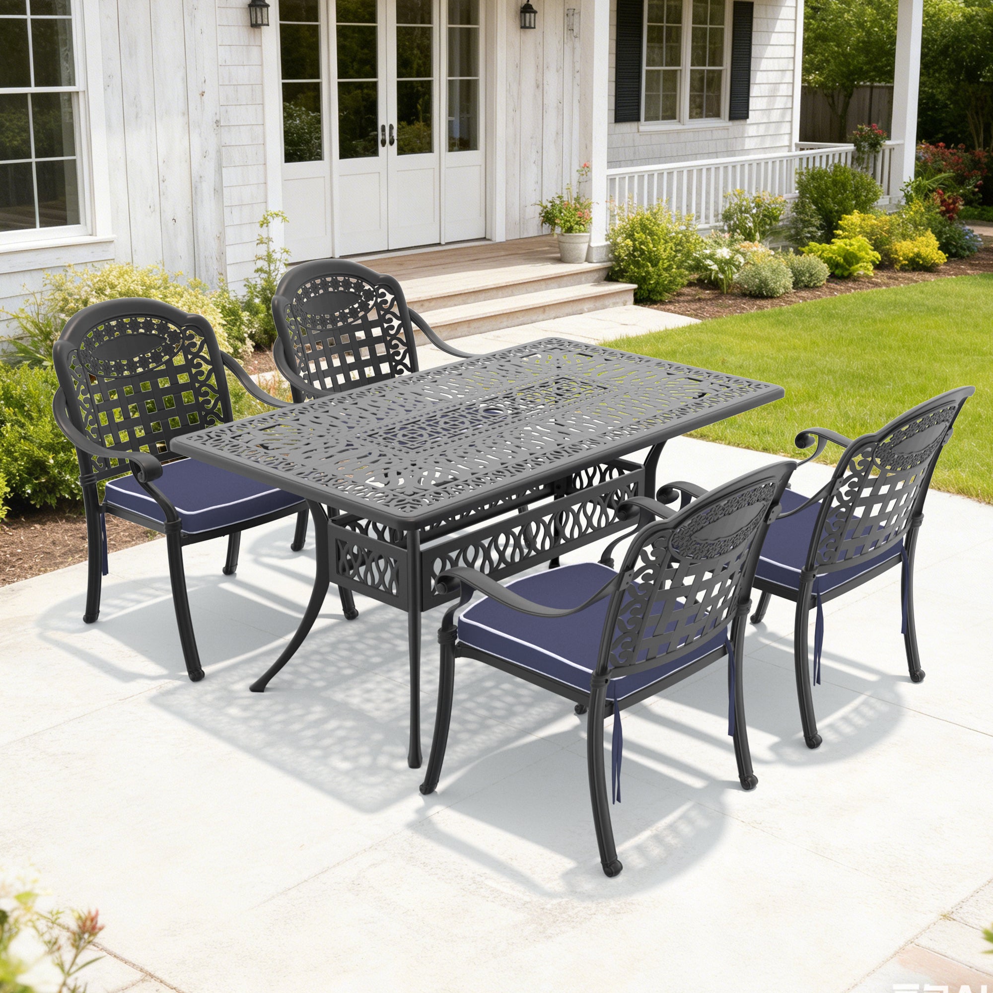5-Piece Set Of Cast Aluminum Patio Furniture With Black Frame and Blue Seat Cushions
