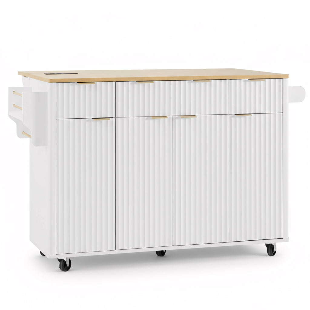 K&K Fluted Kitchen Island with Storage, 55.5' Kitchen Island with Drop Leaf, Power Outlet, 4 Doors and 3 Drawers, Rolling Island Table with Wood-grain Top, Curved Edge for Kitchen,Dining Room White - Grand Goldman Shop