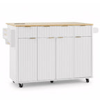 K&K Fluted Kitchen Island with Storage, 55.5' Kitchen Island with Drop Leaf, Power Outlet, 4 Doors and 3 Drawers, Rolling Island Table with Wood-grain Top, Curved Edge for Kitchen,Dining Room White - Grand Goldman Shop