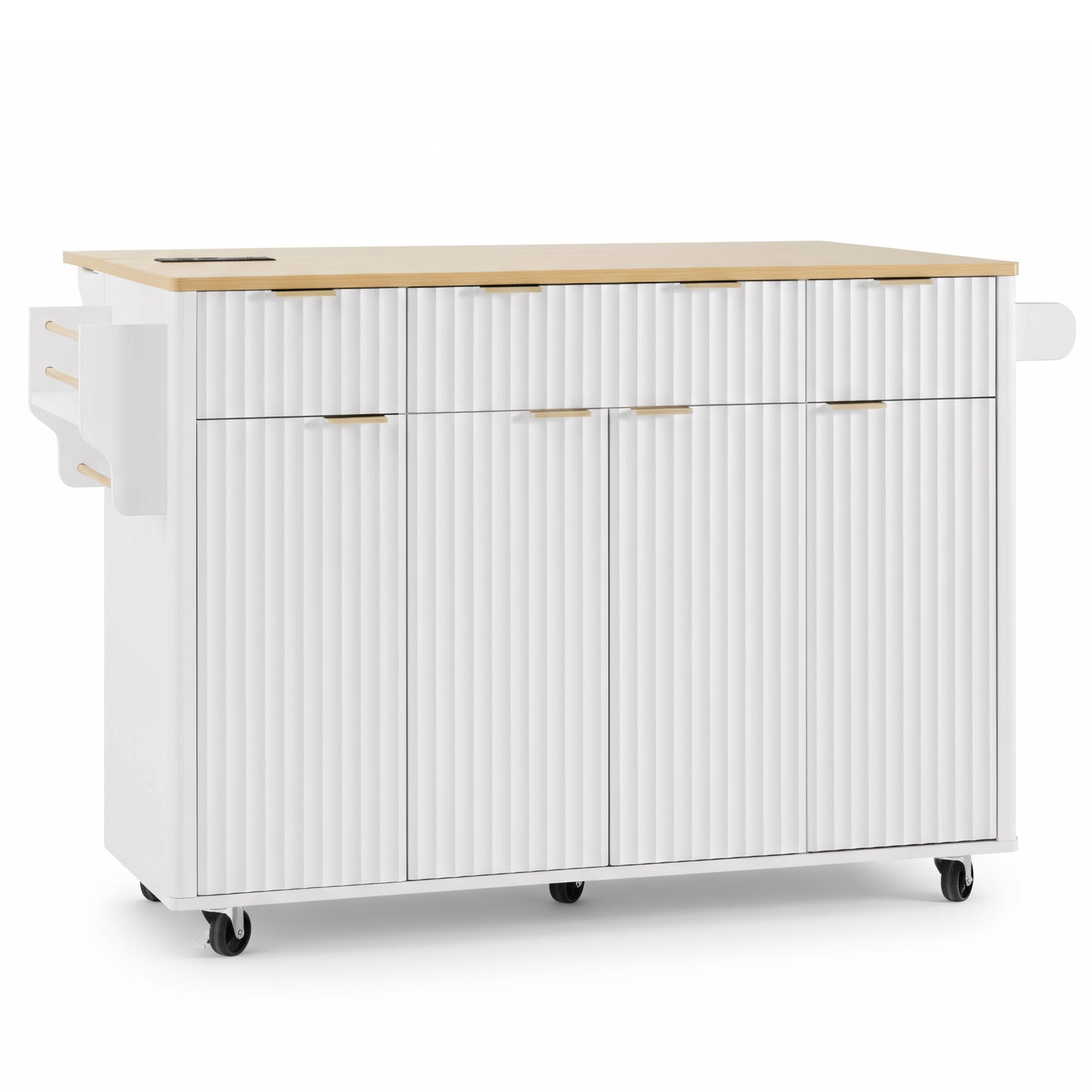 K&K Fluted Kitchen Island with Storage, 55.5' Kitchen Island with Drop Leaf, Power Outlet, 4 Doors and 3 Drawers, Rolling Island Table with Wood-grain Top, Curved Edge for Kitchen,Dining Room White - Grand Goldman Shop