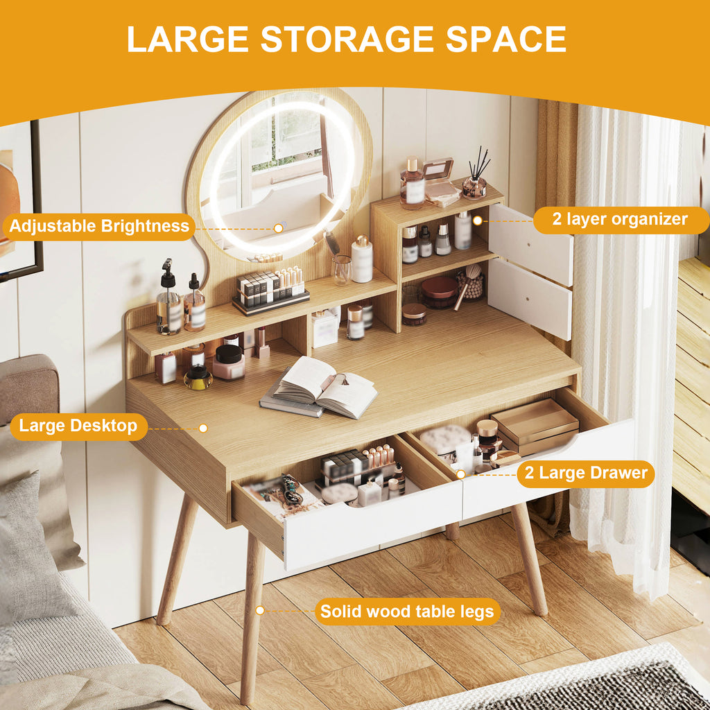 Elegant Makeup Vanity Desk with Adjustable Lighted Mirror, Solid Wood Table Feet, American White Oak, MDF, Compact Size - Grand Goldman Shop