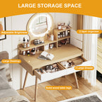 Elegant Makeup Vanity Desk with Adjustable Lighted Mirror, Solid Wood Table Feet, American White Oak, MDF, Compact Size - Grand Goldman Shop
