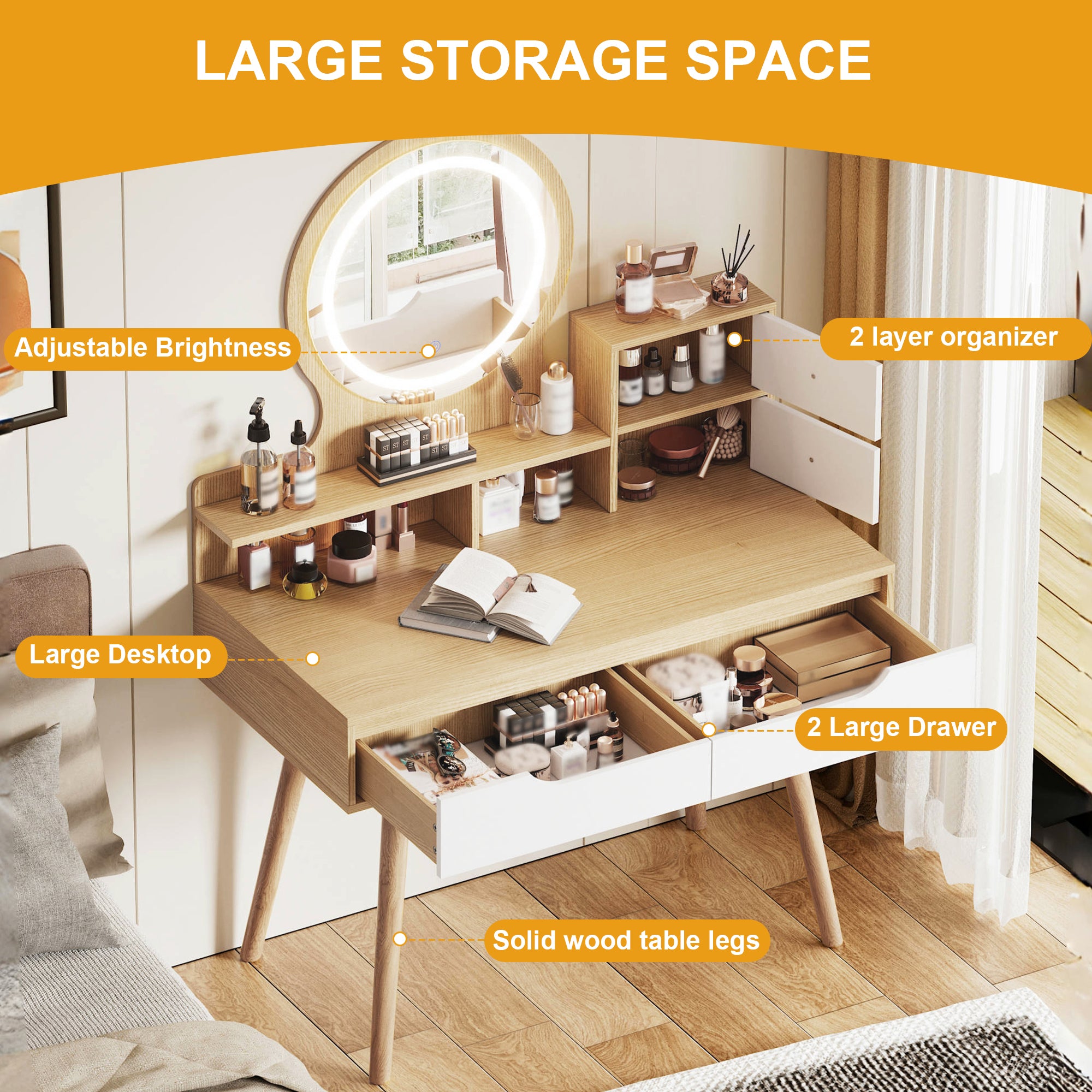Elegant Makeup Vanity Desk with Adjustable Lighted Mirror, Solid Wood Table Feet, American White Oak, MDF, Compact Size - Grand Goldman Shop