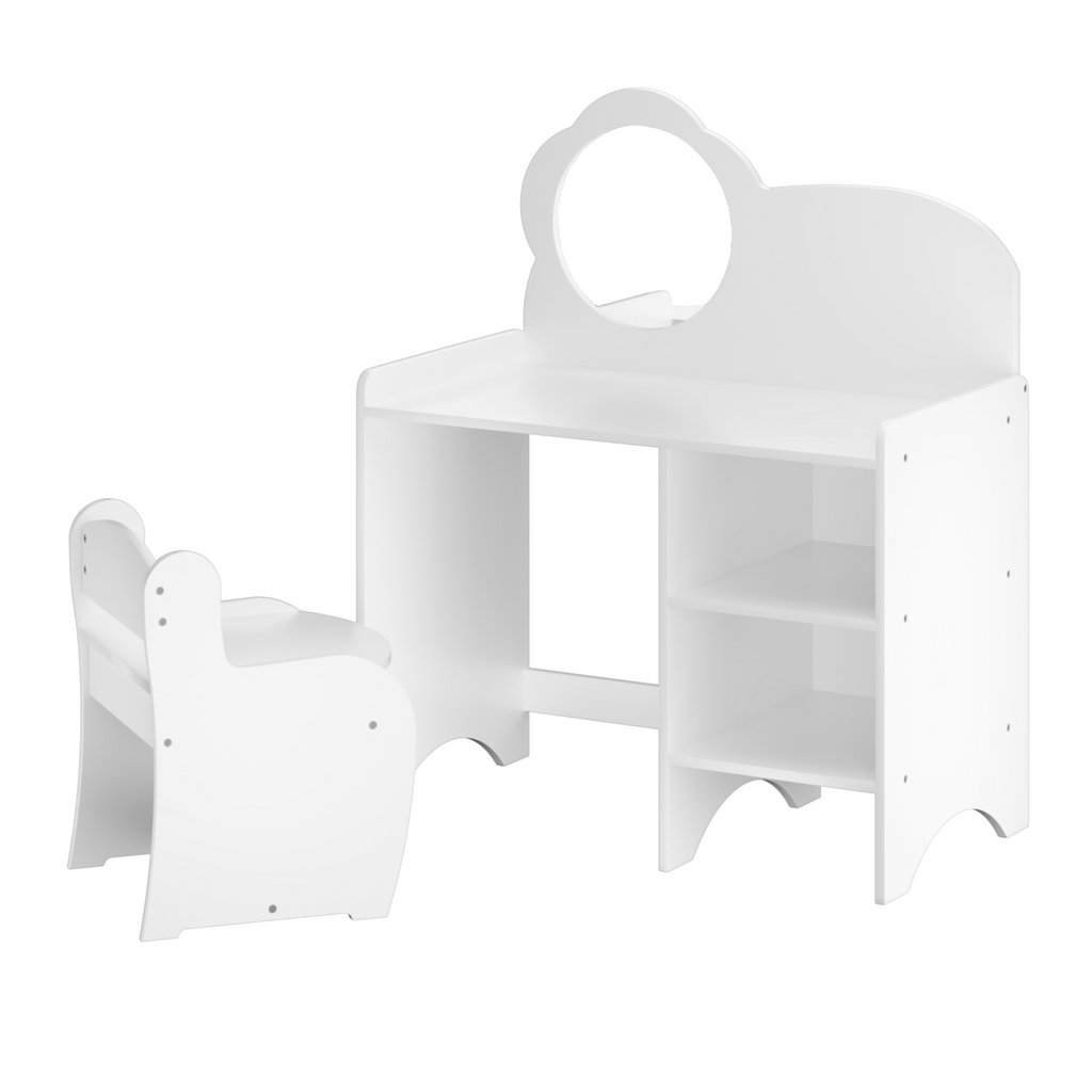 Kids Vanity Table with Mirror and Chair, Wooden Children's Dressing Makeup Desk with Storage Shelves, Study and Activity Tabl