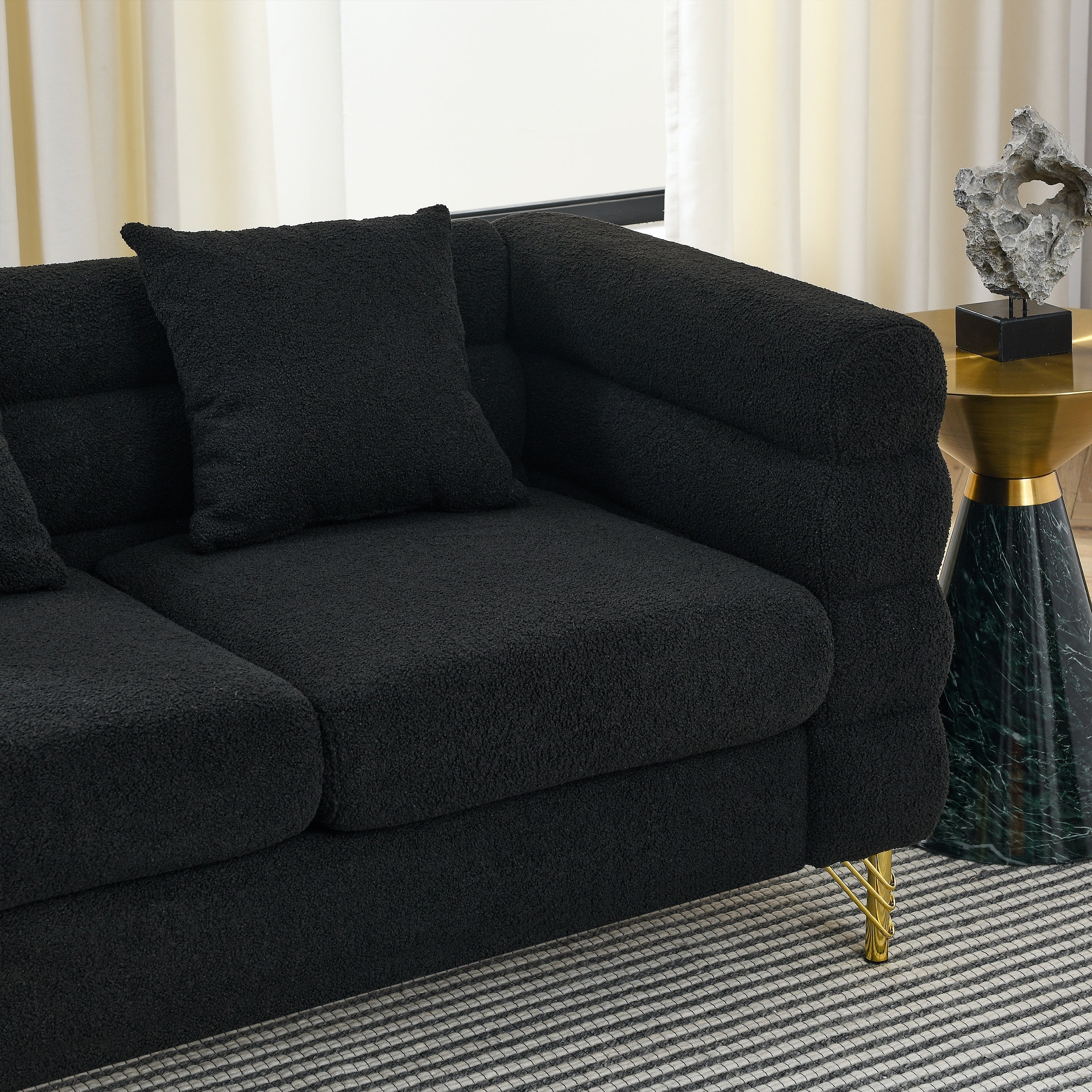 Streamline Modern 81 Inch Oversized 3 Seater Sectional Sofa in Black Teddy Fabric with 3 Lumbar Pillows, Deep Seating Comfort for Living Room Bedroom Office - Grand Goldman Shop