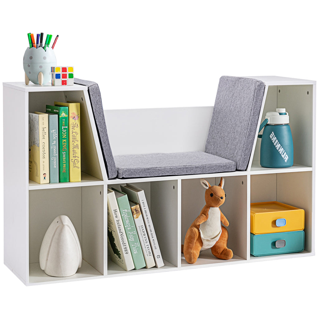 HOMCOM 6-Cubby Kids Bookcase with Reading Nook and Cushion, Multi-Purpose Storage Organizer for Bedroom, Living Room, Pure Wh