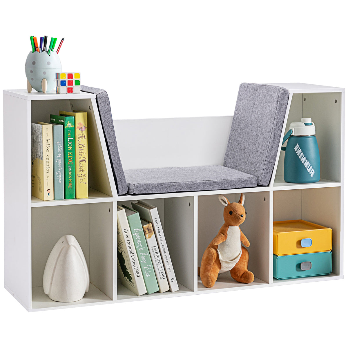 HOMCOM 6-Cubby Kids Bookcase with Reading Nook and Cushion, Multi-Purpose Storage Organizer for Bedroom, Living Room, Pure Wh