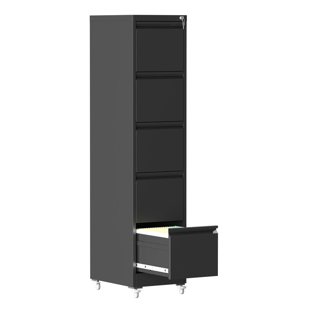 Heavy Duty Black Metal 5 Drawer Vertical File Cabinet with Lock and Wheels for Home Office | Premium Home Decor - Grand Goldm