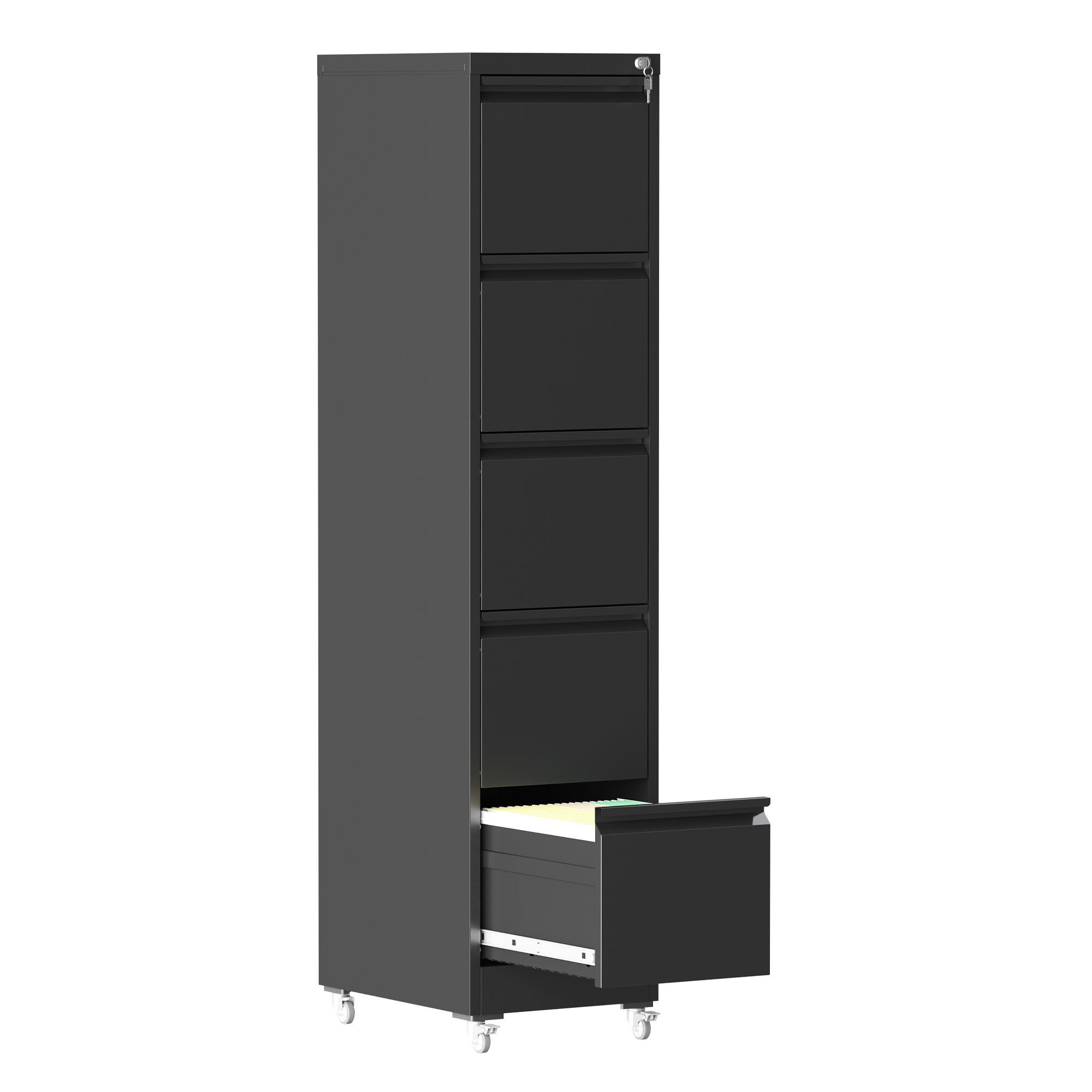 Heavy Duty Black Metal 5 Drawer Vertical File Cabinet with Lock and Wheels for Home Office | Premium Home Decor - Grand Goldm