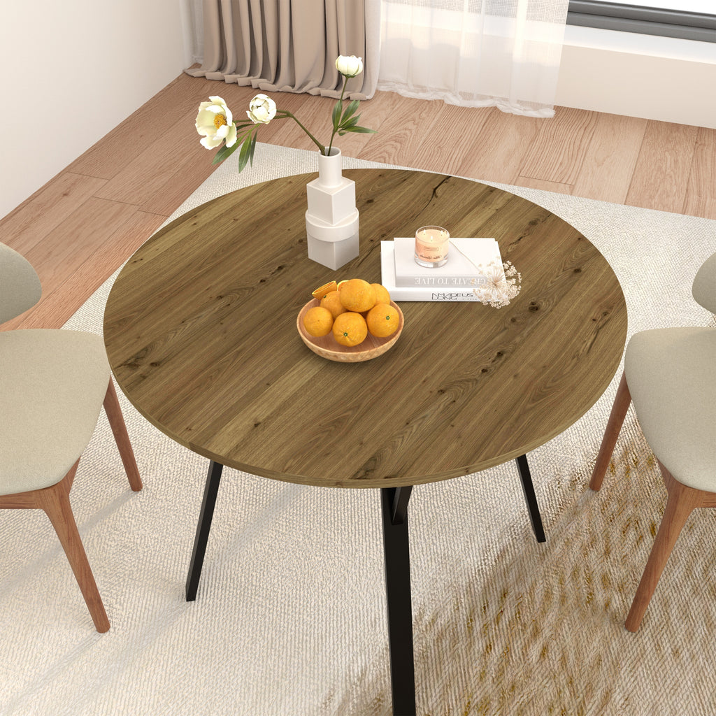 Modern Round Dining Table, Rustic Brown MDF Top with Black Metal Legs, 35.43 Inch Diameter for 2-4 People - Grand Goldman Shop
