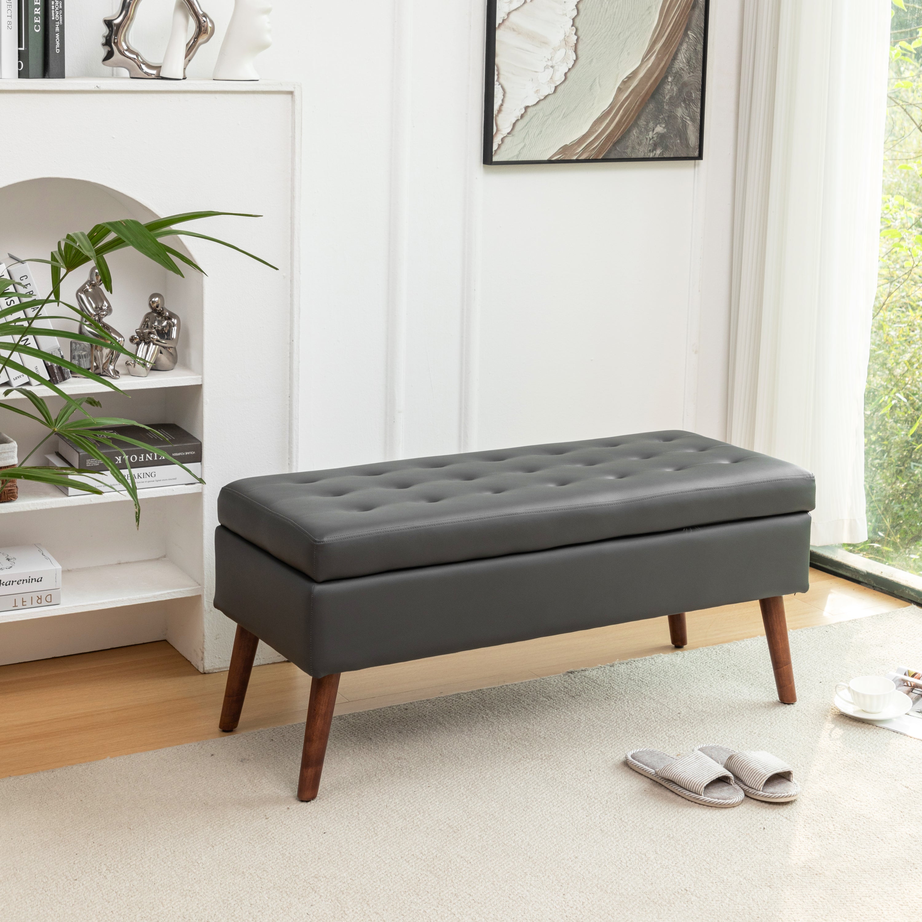 Storage Bench with Storage Bench for Bedroom End of Bed Bench Foot of Bed Bench Entryway Bench Storage Ottoman Bench 43.3' W x 17.7' Dark Grey Leather Bench - Grand Goldman Shop