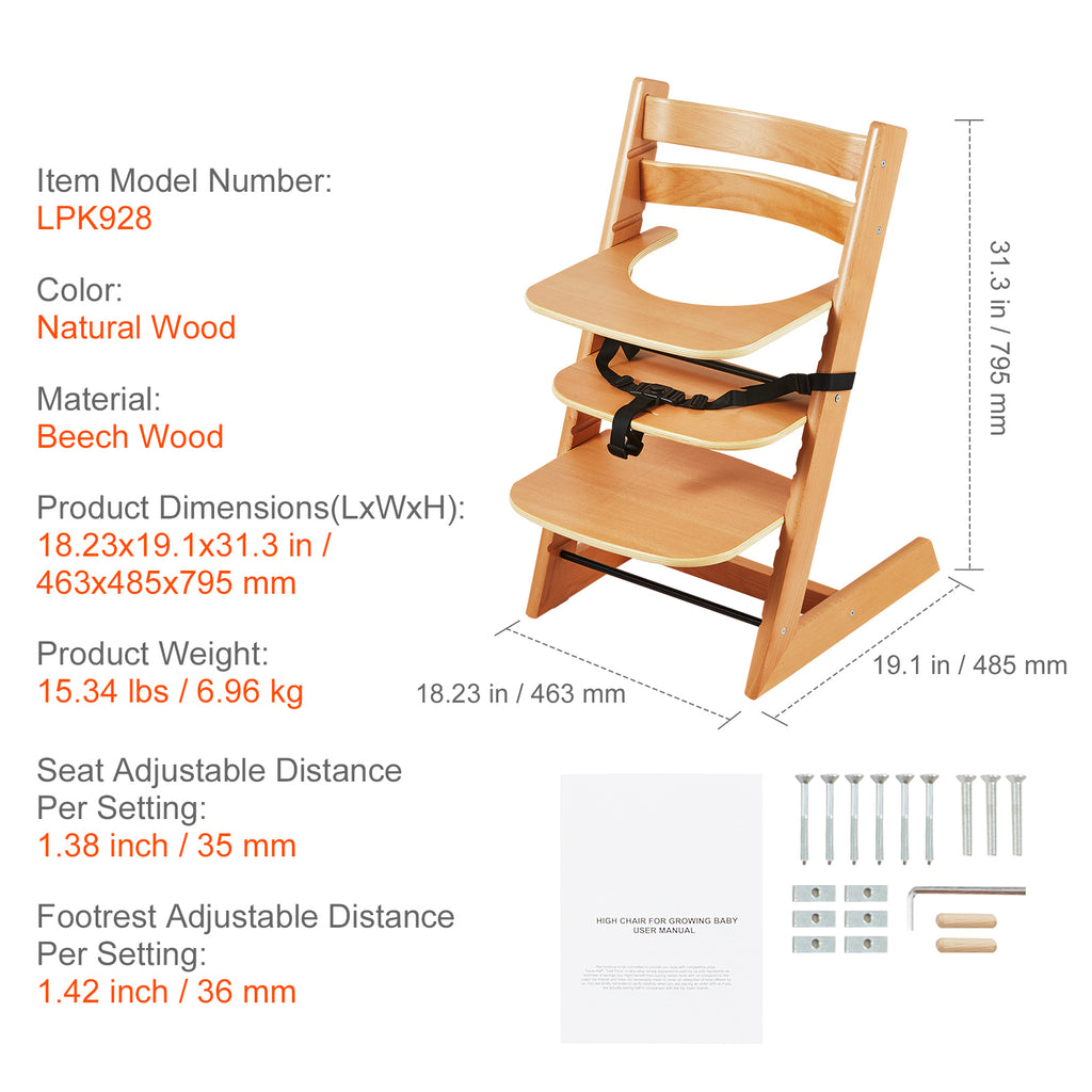 Wooden High Chair for Babies & Toddlers, Convertible Adjustable Feeding Chair, Eat & Grow High Chair with Tray, Grow with Kid