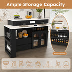 Retro Kitchen Island with Extendable Rotating Table, Black Marble Veneer on MDF, 4 Drawers & Glass Door Cabinets, Built-in Socket, Fits 2-4 People - Grand Goldman Shop