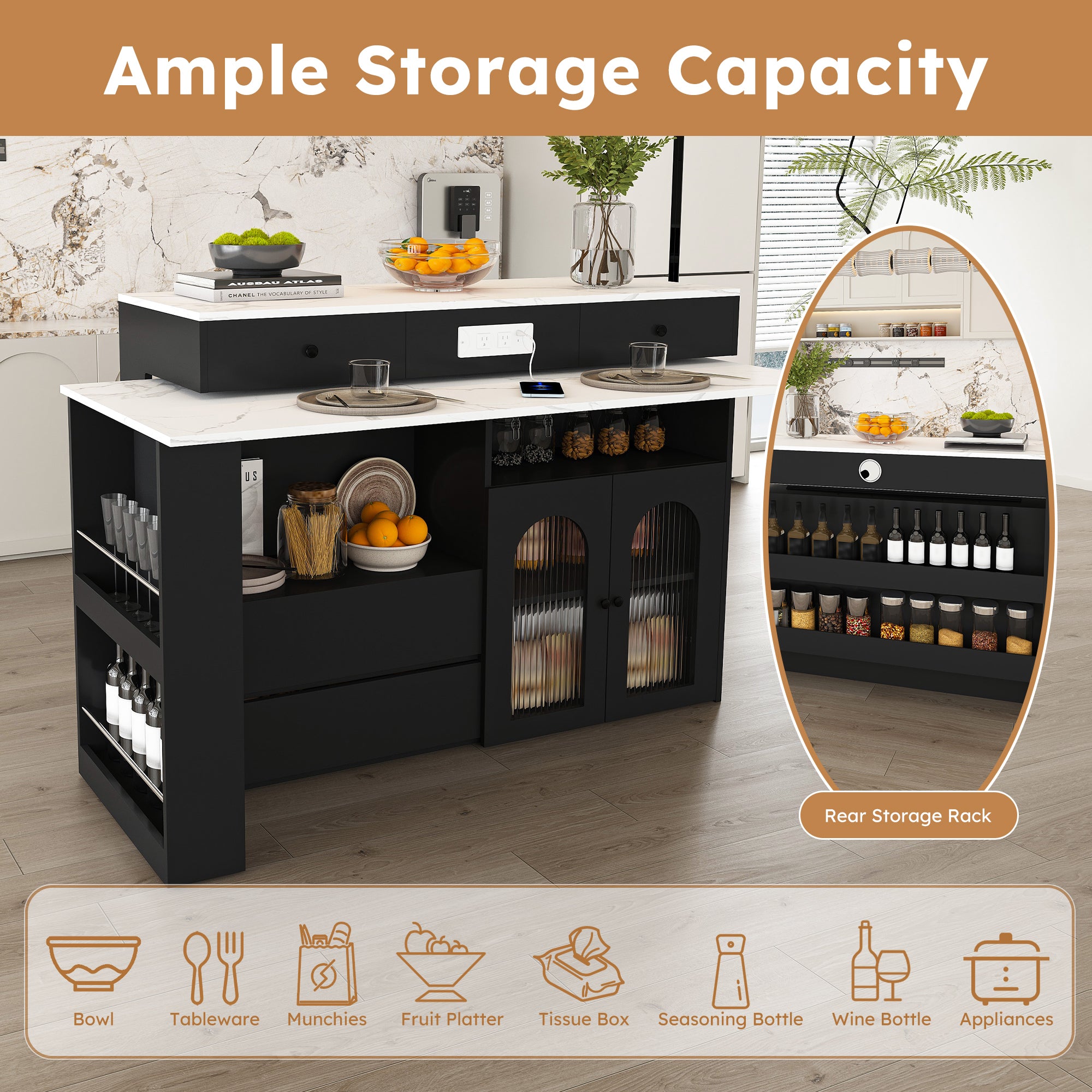 Retro Kitchen Island with Extendable Rotating Table, Black Marble Veneer on MDF, 4 Drawers & Glass Door Cabinets, Built-in Socket, Fits 2-4 People - Grand Goldman Shop