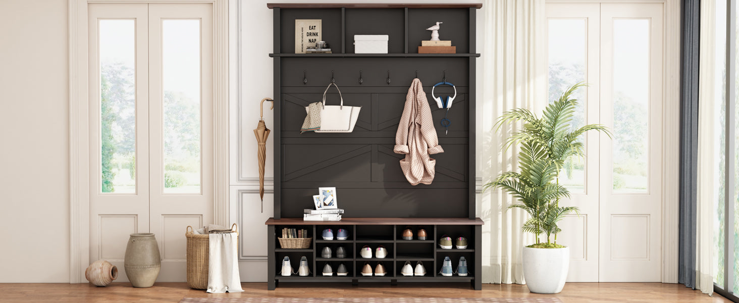 Farmhouse 4-in-1 Hall Tree with 6 Hooks, Practical Walnut Entryway Bench with Adjustable Shelves,  Wooden Shoe Organizer with 16 Compartments for Mudroom, Living Room, Black (OLD SKU: N721S000064B-1) - Grand Goldman Shop