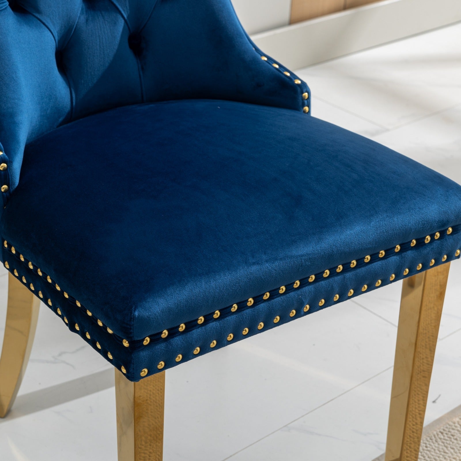 A&A Furniture,Nikki Collection Modern, High-end Tufted Solid Wood Contemporary Velvet Upholstered Dining Chair with Golden Stainless Steel Plating Legs,Nailhead Trim,Set of 2,Blue and Gold, SW1601BL - Grand Goldman Shop