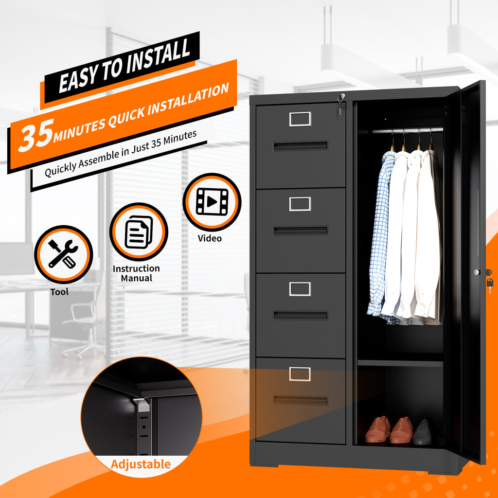 Metal Storage Vertical Filing Cabinet with Lock, Steel File Locker with 4 Drawers and 1 door for School, Living Room, Bedroom