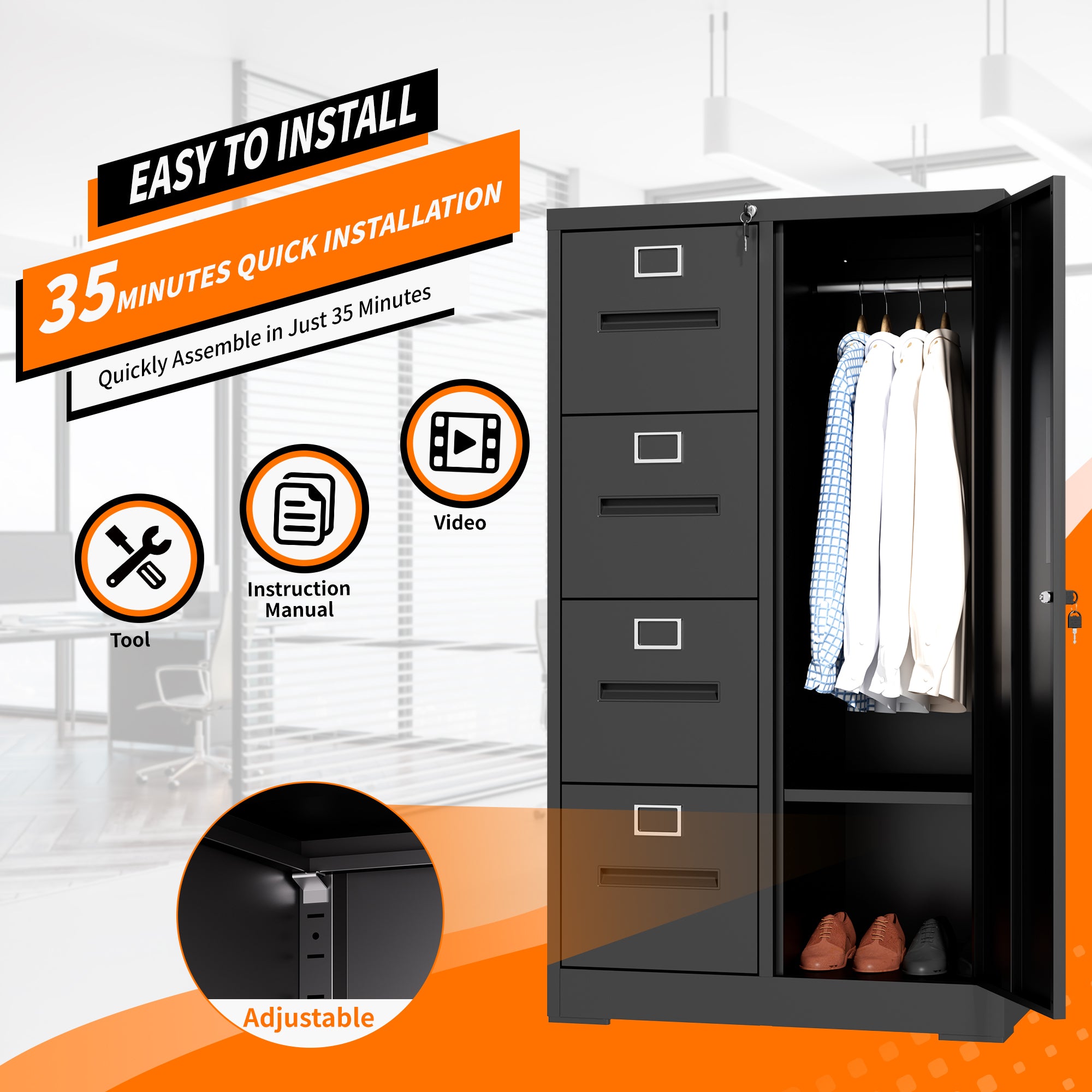 Metal Storage Vertical Filing Cabinet with Lock, Steel File Locker with 4 Drawers and 1 door for School, Living Room, Bedroom