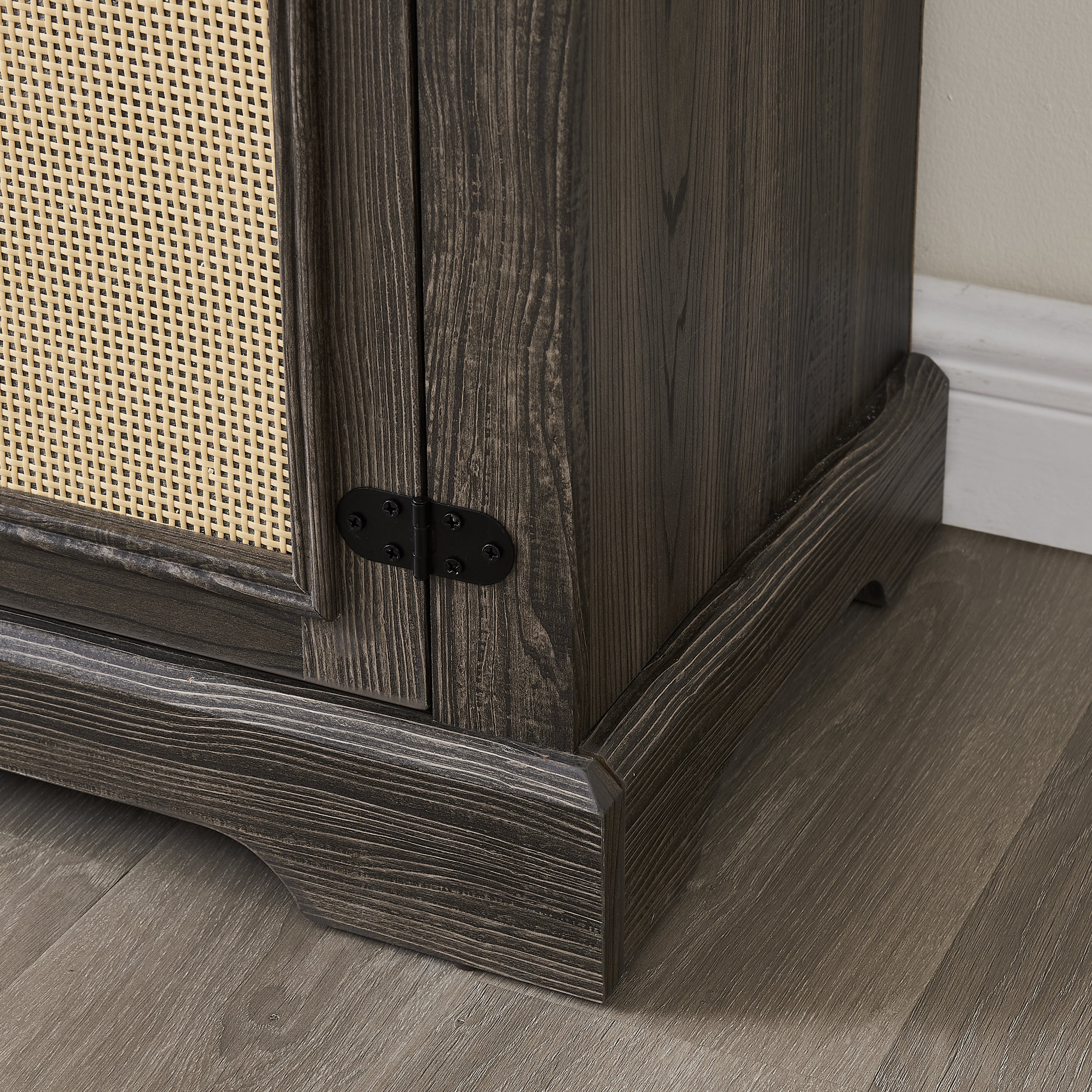 Farmhouse Rattan TV Stand Console Table for TVs up to 70 Inches, TV Console Table with 2 Storage Shelves, 2 Natural Rattan Door Cabinets, 65'W*15.55'D*23.86'H, Gray - Grand Goldman Shop