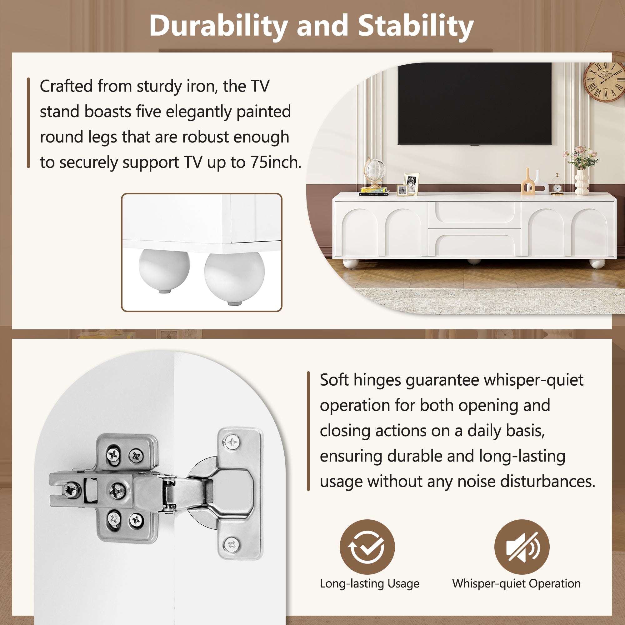 ON-TREND Cream Style TV Stand with Arched Doors & 2 Drawers for TVs up to 75', Minimalist Media Console with Rebound Device, Entertainment Center with 5 Iron Round Legs for Living Room, Bedroom, White - Grand Goldman Shop