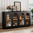 TREXM 4-Door Large Storage Buffet Cabinet with Glass Doors, Arched Cabinet with Adjustable Shelves for Kitchen, Dining Room and Living Room (Black) - Grand Goldman Shop