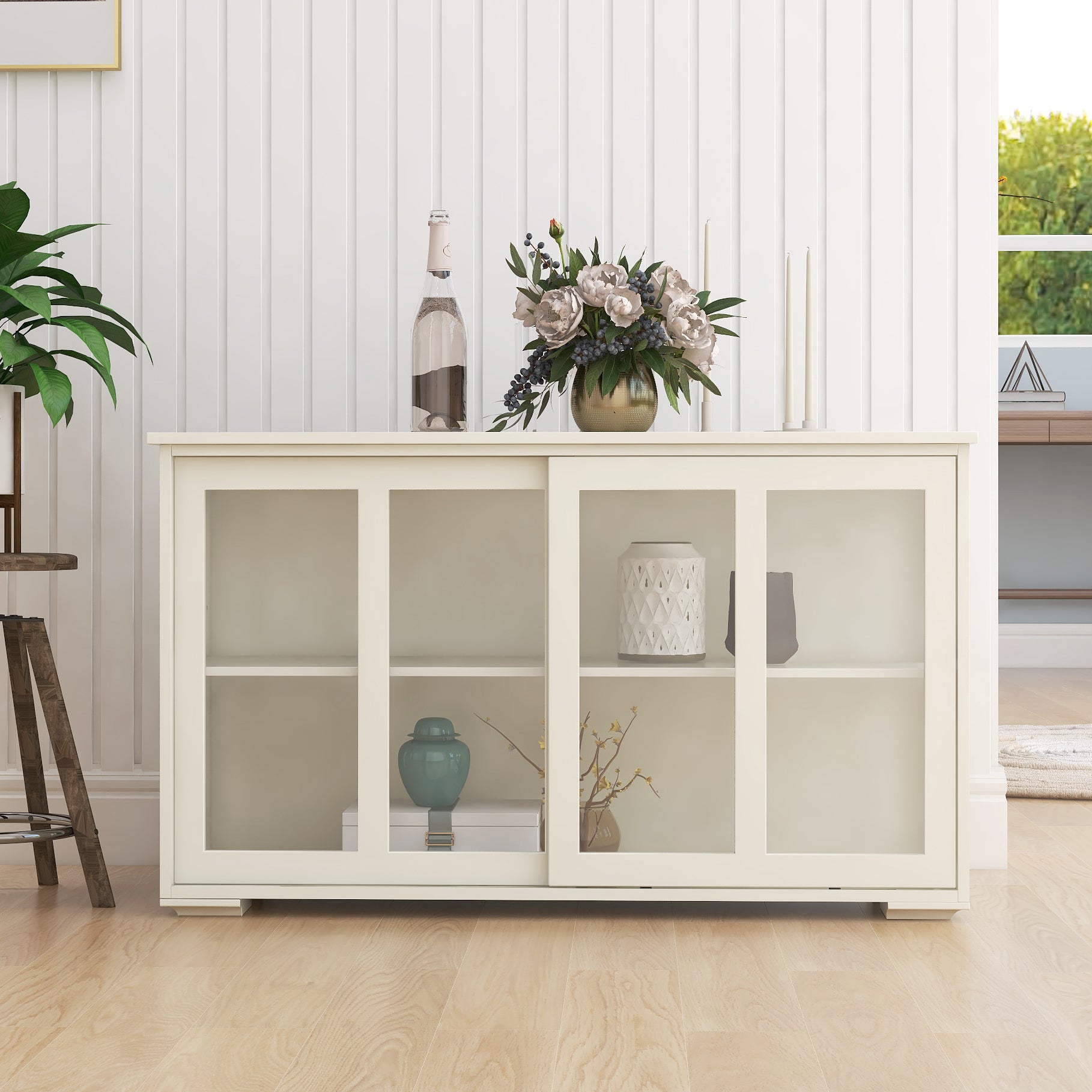 Kitchen Storage Stand Cupboard With Glass Door-White - Grand Goldman Shop