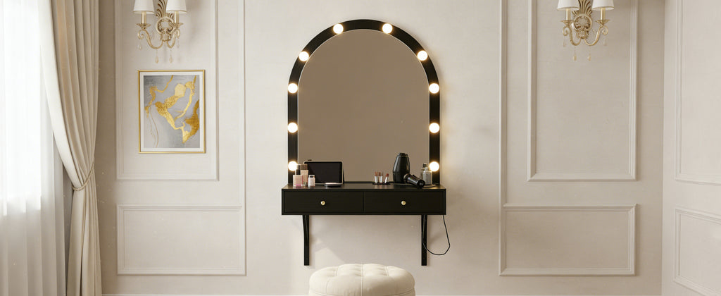 Floating Wall Mounted Makeup Vanity Desk with LED Mirror 3 Color Lights, Compact Dressing Table with Power Outlet & USB Charging, Space Saving Large Storage Vanity for Bedroom Bathroom, Black - Grand Goldman Shop