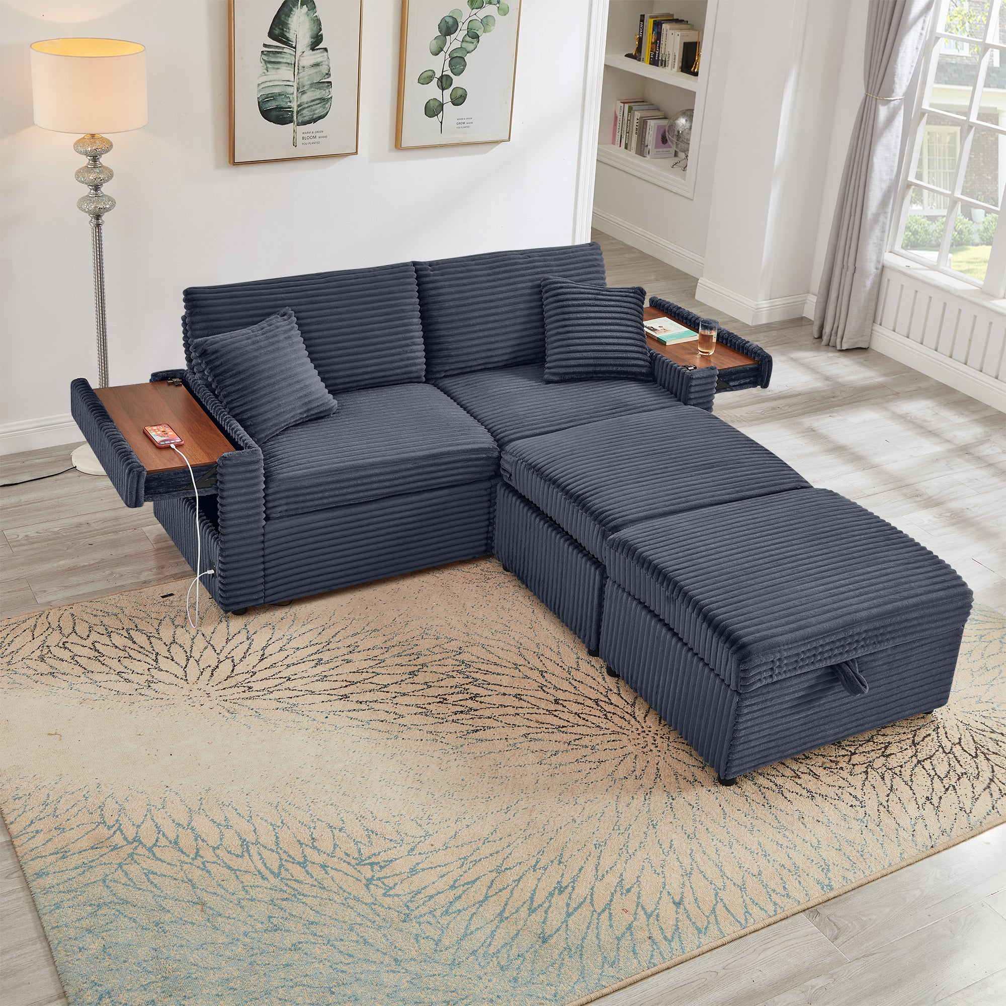 Comfortable Fluffy Corduroy Lazy Sofa, Storage Space for Big Loveseat, Super Soft Chaise Lounge with Double Ottomans and Table Board,Suitable for Chailiving - Grand Goldman Shop