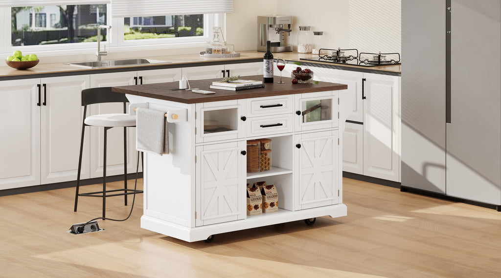 K&K 54.9' Kitchen Island with Drop Leaf, Power Outlet, Kitchen Storage Cart with 4 Door Shelves, Cross Barn Doors & Visual Glass Door, Rolling Kitchen Island on 4 Wheels for Kitchen, Dining Room,White - Grand Goldman Shop