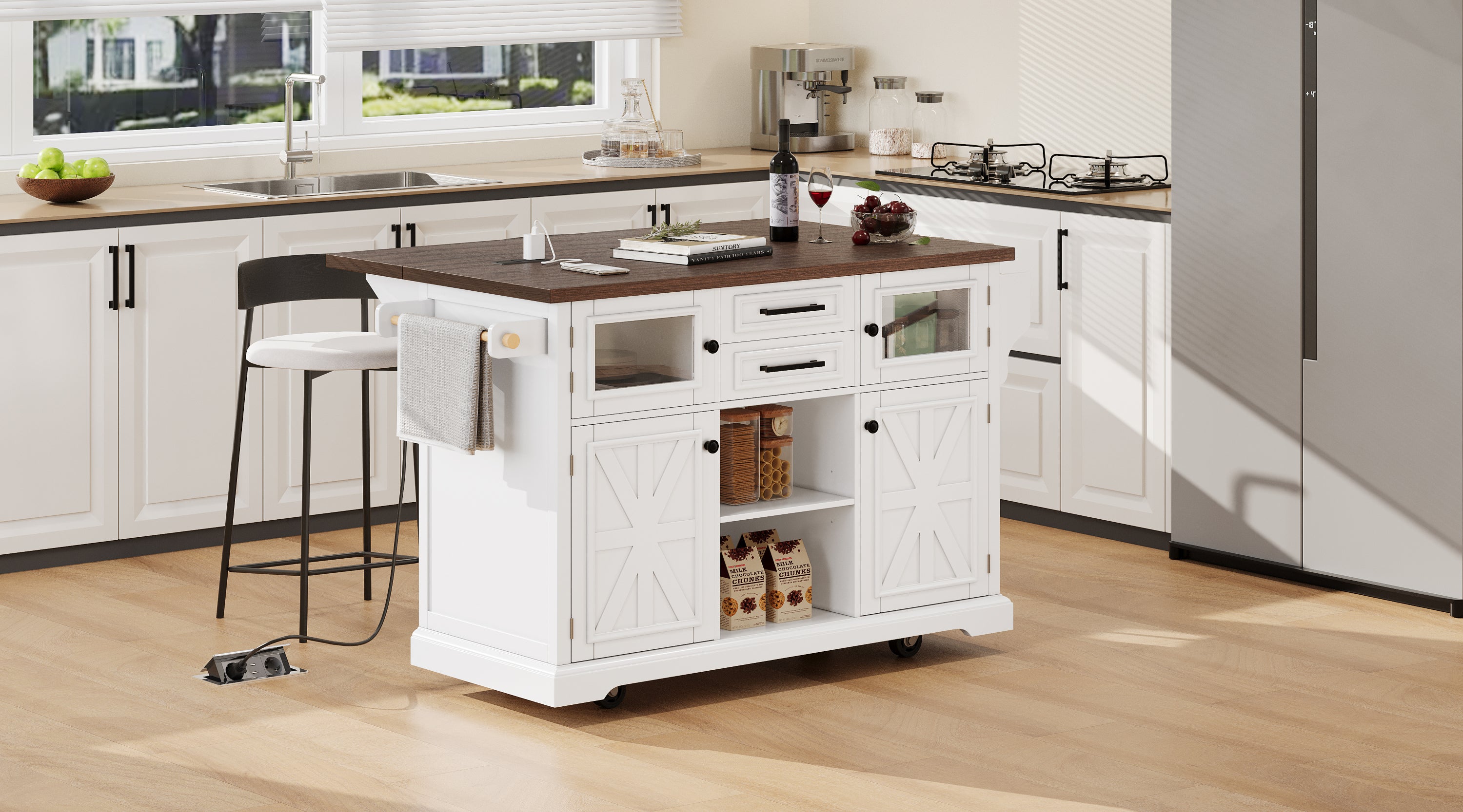 K&K 54.9' Kitchen Island with Drop Leaf, Power Outlet, Kitchen Storage Cart with 4 Door Shelves, Cross Barn Doors & Visual Glass Door, Rolling Kitchen Island on 4 Wheels for Kitchen, Dining Room,White - Grand Goldman Shop
