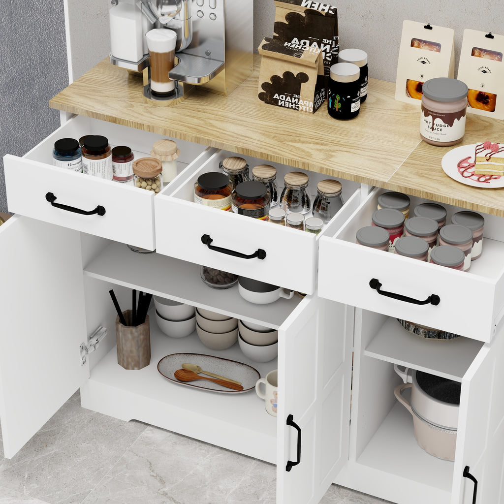 Farmhouse Buffet Cabinet Storage Sideboard with 3 Drawers and 3 Doors for Dining Living Room Kitchen Cupboard-White - Grand Goldman Shop