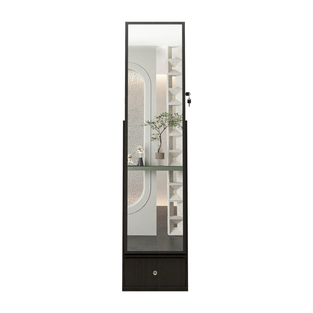 360°Swivel Jewelry Cabinet with Full Length Mirror, 360°Rotating Standing Jewelry Armoire Organizer, Lockable Storage Cabinet, Interior Lighted Mirror and Storage Drawers, Black - Grand Goldman Shop