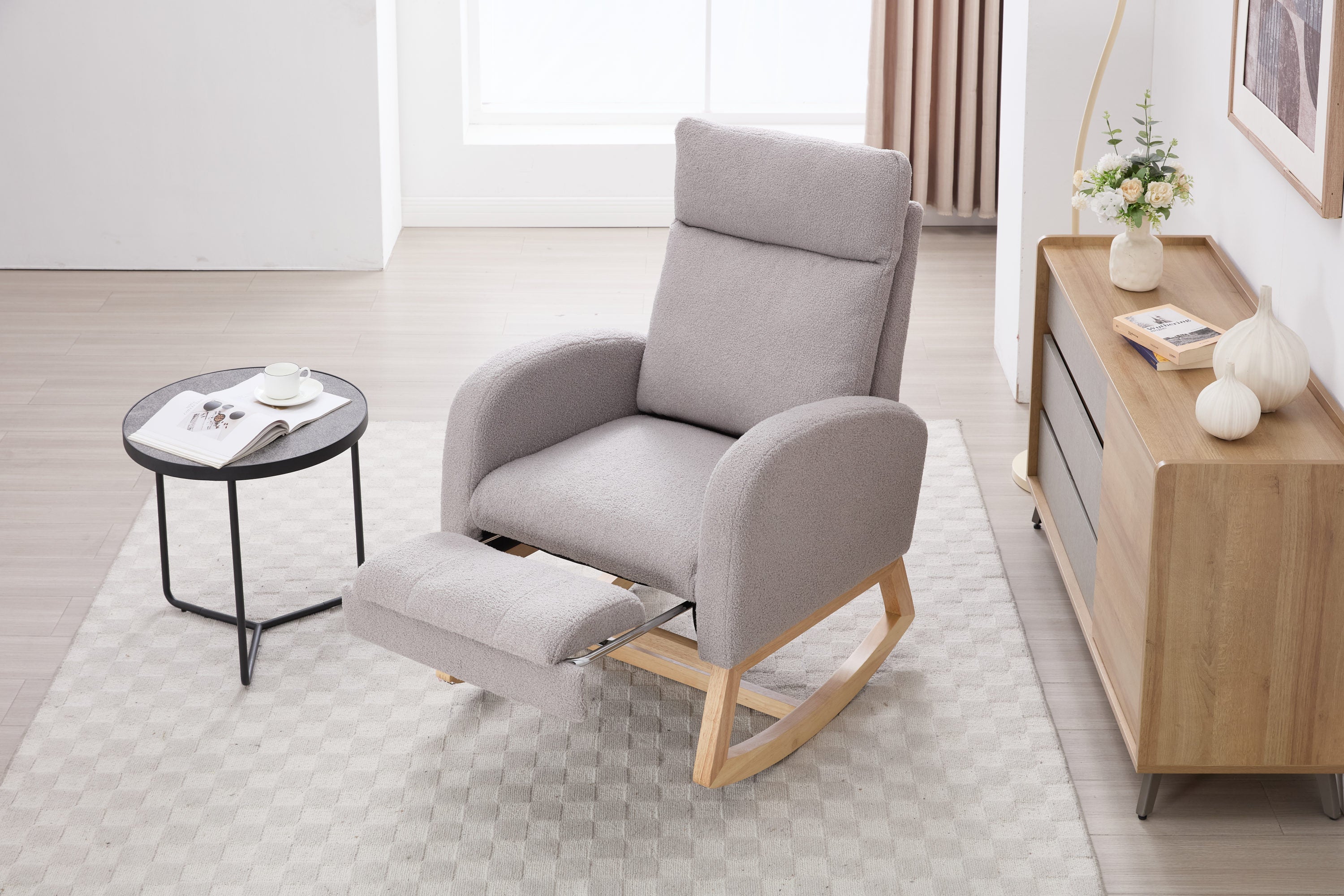 015B-Teddy Fabric Leisure Rocking Chair,Nursery Rocking Chair With Adjustable Footstool,Thickened Headrest And High Backrest, Storage Pocket On The Right Side,The Base Rocker Is Solid Wood,Light Gray - Grand Goldman Shop