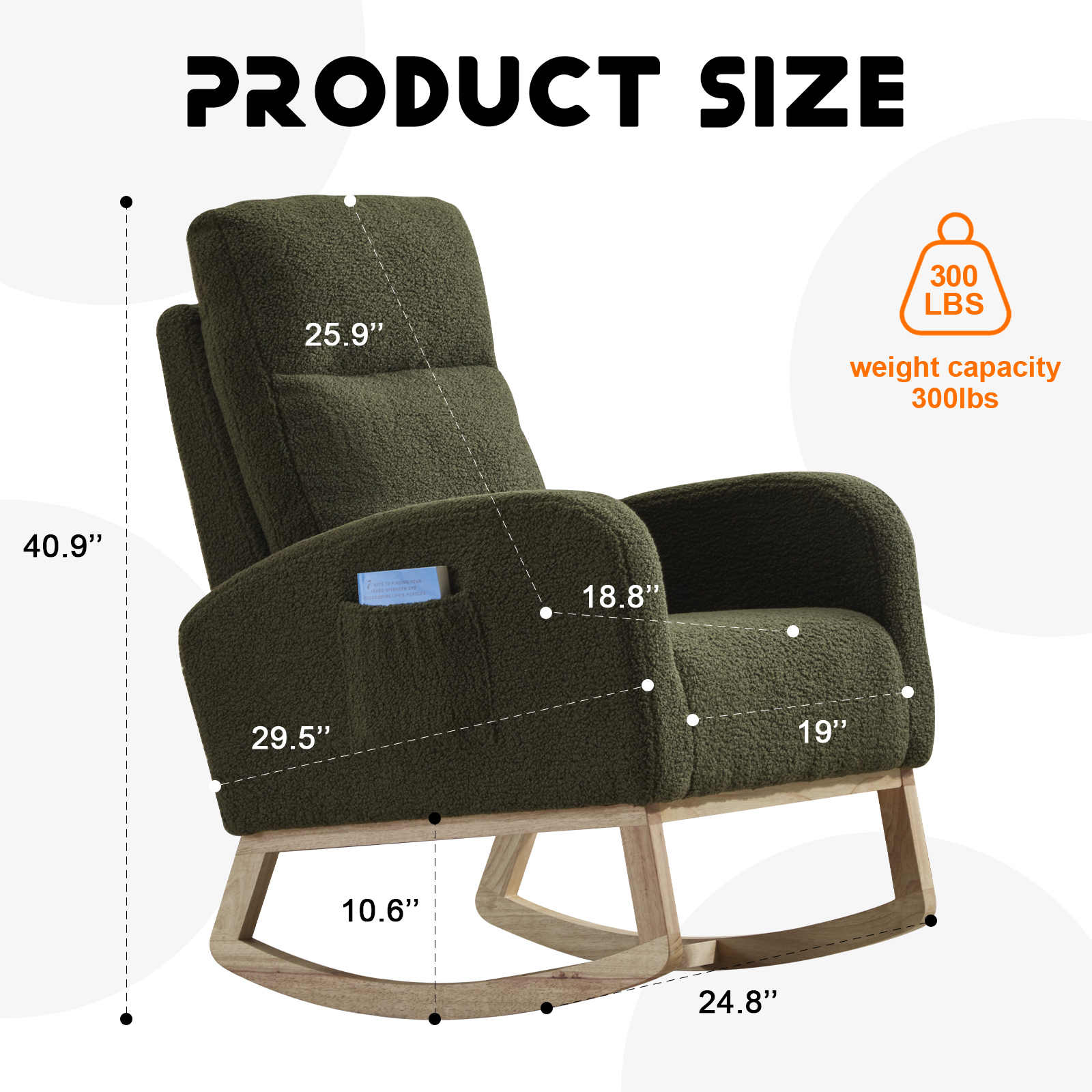 Modern Accent Rocking Chair Rocking Chair with Solid Wood Legs, Upholstered Nursery Glider Rocker, Comfy Armchair with Side Pocket, Living Room Lounge Arm Chair with High Backrest (green,teddy) - Grand Goldman Shop