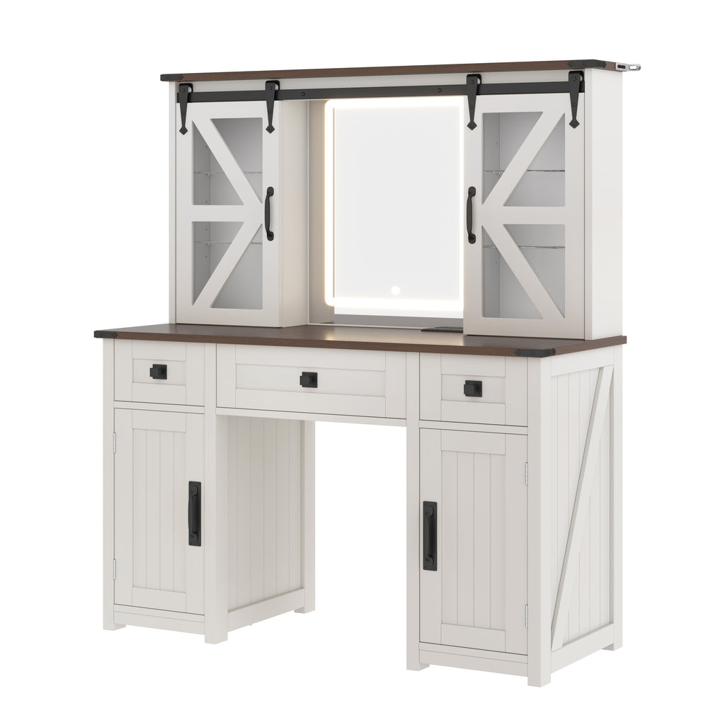 43.3' Farmhouse Makeup Vanity Desk with Lighted Mirror, Vanity Table Set with Charging Station, Dressing Table with Sliding Barn Door Hidden Shelves & 3 Drawers & 4 Cabinets, Beige - Grand Goldman Shop