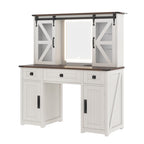 43.3' Farmhouse Makeup Vanity Desk with Lighted Mirror, Vanity Table Set with Charging Station, Dressing Table with Sliding Barn Door Hidden Shelves & 3 Drawers & 4 Cabinets, Beige - Grand Goldman Shop