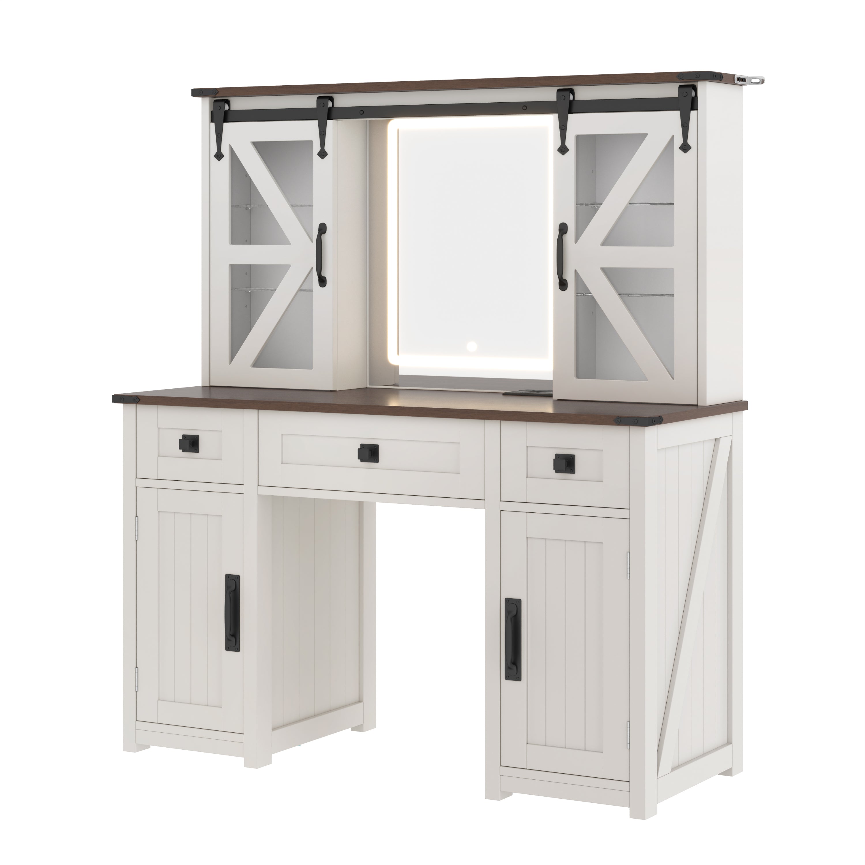 43.3' Farmhouse Makeup Vanity Desk with Lighted Mirror, Vanity Table Set with Charging Station, Dressing Table with Sliding Barn Door Hidden Shelves & 3 Drawers & 4 Cabinets, Beige - Grand Goldman Shop