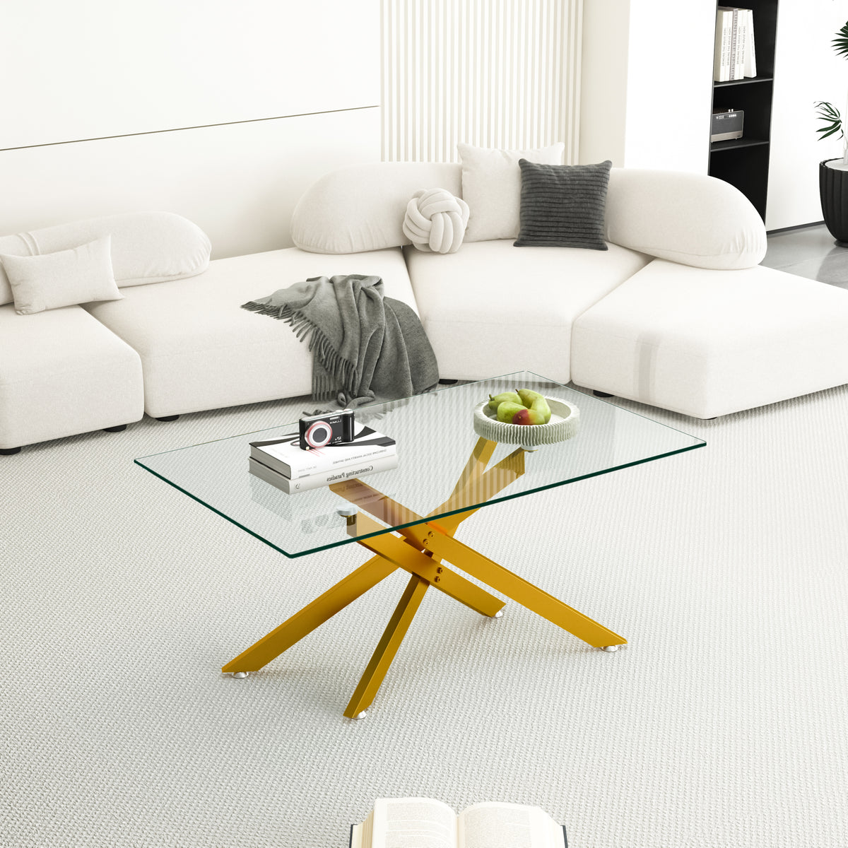 39.37' Rectangular Clear Tempered Glass Coffee Table,Stylish Design with Golden Metal Legs, Coffee Table for Living Room - Grand Goldman Shop