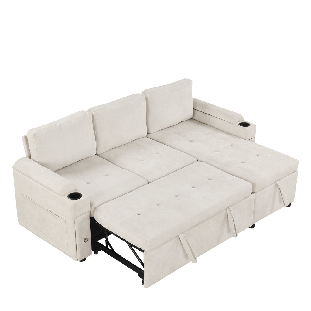 Convertible L-shaped Beige Sofa Couch with Storage, Cup Holders, USB Ports, Chenille Fabric - Grand Goldman Shop