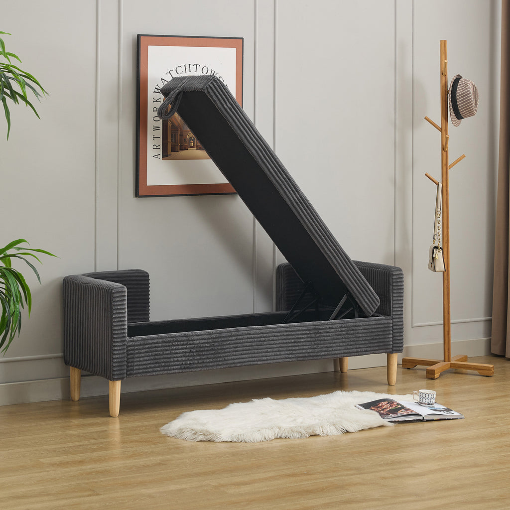 65.35'Wide Upholstered Flip-top Storage Accent Bed Bench, Corduroy Footrest Ottoman with Armrests&Backrest&2 Bolster Pillows Wood Legs for Living Room, End of Bed, Hallway, Entryway Bedroom. Charcoal - Grand Goldman Shop