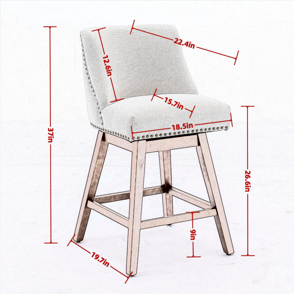 Ivory Upholstered Counter Height Swivel Barstools Set of 2, 26'' H Seat, Fabric and Rubber Wood - Grand Goldman Shop