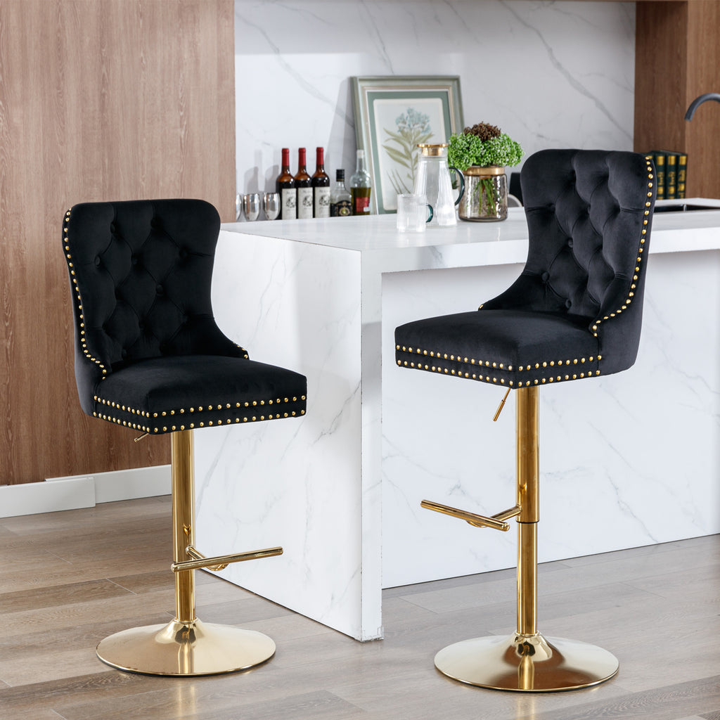 A&A Furniture Modern Swivel Velvet Barstools with Adjustable Seat Height, Comfortable Black Tufted Upholstery, Set of 2 - Grand Goldman Shop