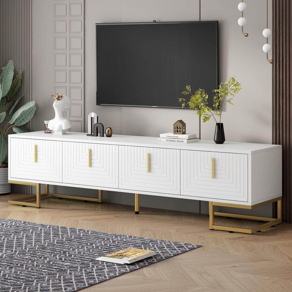 ON-TREND Modern TV Stand with Metal Legs and Gold Handles for TVs Up to 80'', Media Console Table with Cabinets and Adjustable Shelves, Luxury TV Cabinet with Geometric Lines for Living Room, White - Grand Goldman Shop
