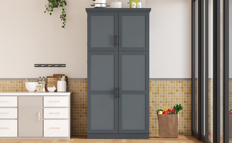 [Assembly Video Provided] TOPMAX 35.5x17.6x70.9inch Freestanding Kitchen Pantry Cabinet, Tall Storage Cabinet with 4 Doors, 2 Door Shelves, 8 Pull-out Trays and Adjustable Shelf for Dining Room, Gray - Grand Goldman Shop