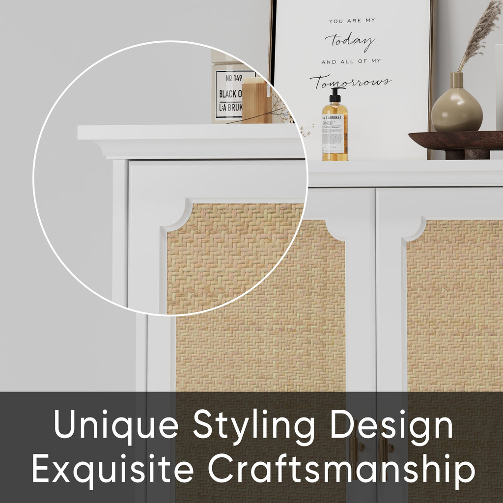 Rattan Decorated Sideboard Buffet Storage Liquor Cabinet, White Particle Board & MDF, 31.10 x 14.96 x 34.25 inches - Grand Goldman Shop