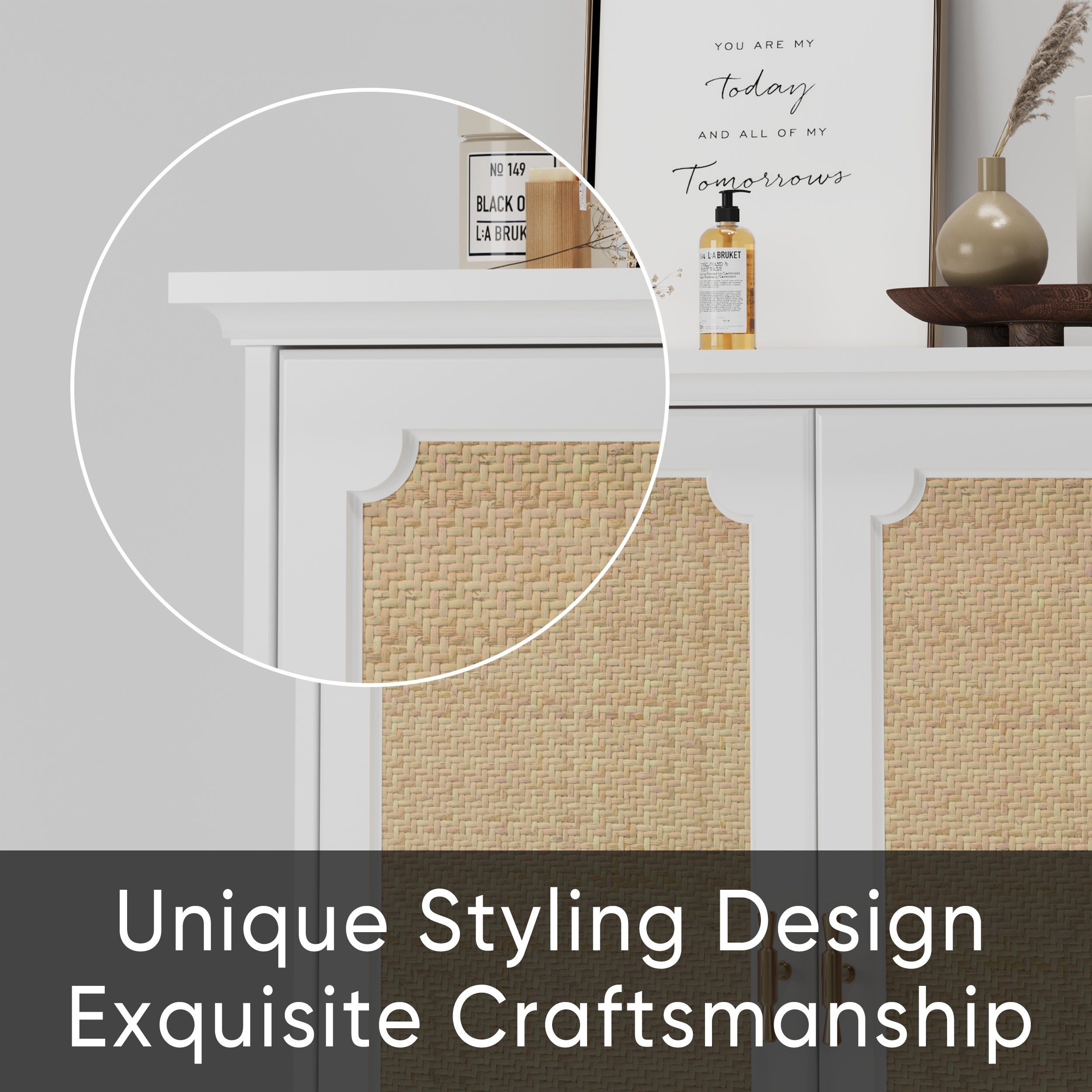 Rattan Decorated Sideboard Buffet Storage Liquor Cabinet, White Particle Board & MDF, 31.10 x 14.96 x 34.25 inches - Grand Goldman Shop